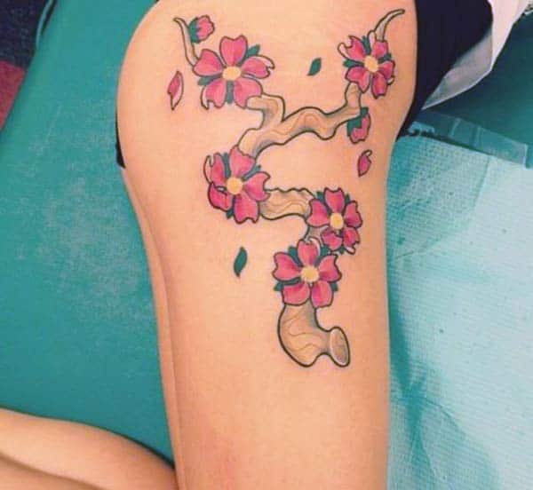 cute cherry blossom tattoo design on thigh for Girls