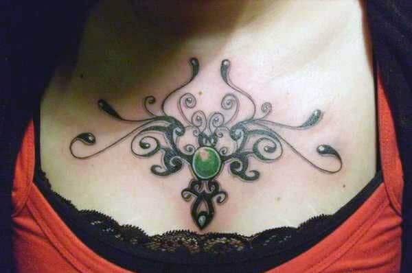 bejeweled pendant chest tattoo design for girls