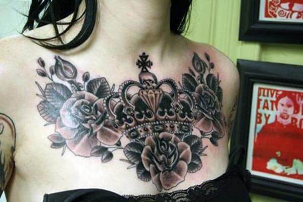 black and red breath taking chest tattoo design for women