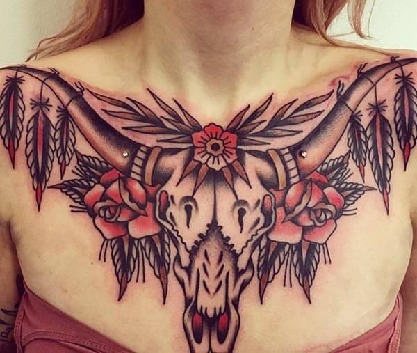 arresting unique chest tattoo design for girl and women