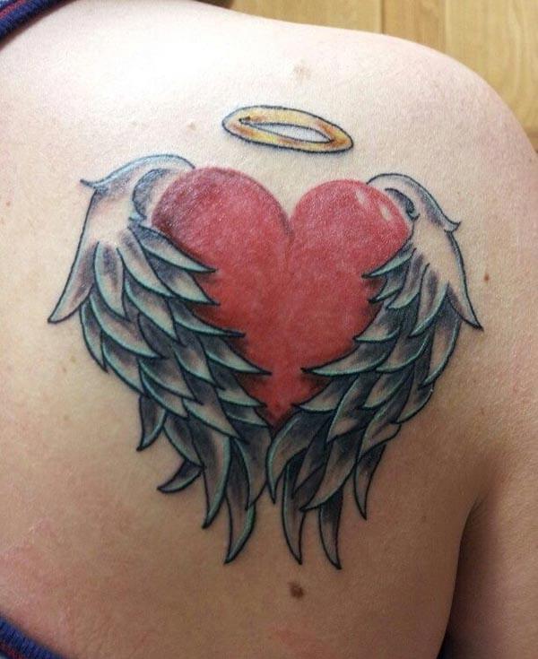 elegant heart with wings RIP tattoo design on back shoulder for women