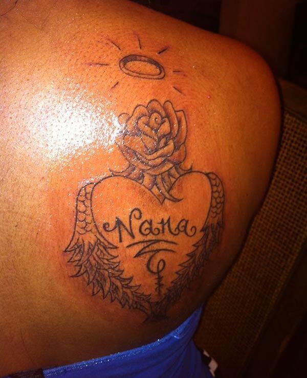sweet RIP tattoo design on back shoulder for women