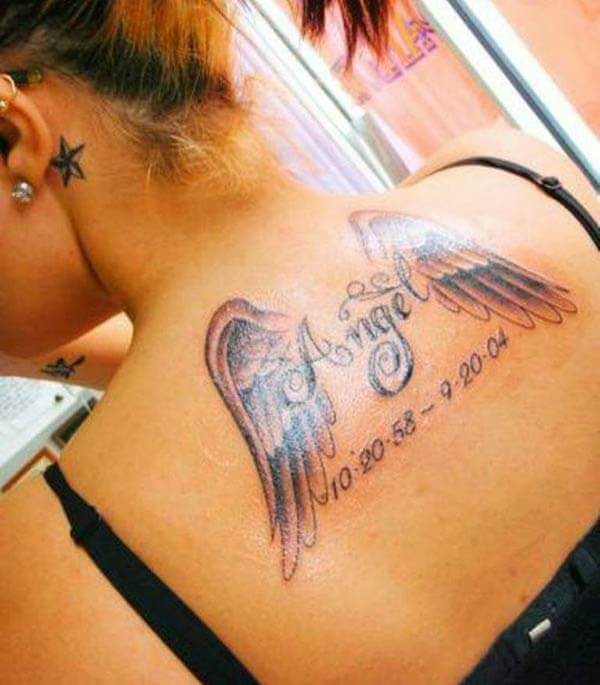 A graceful angel wing RIP tattoo design on back neck for Ladies