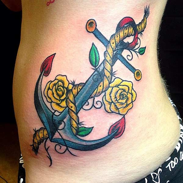 anchor and yellow rose tattoo ideas for women on side belly