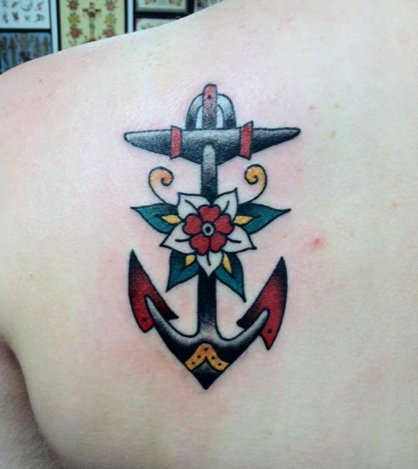 anchor with red and white flower tattoo ideas on back shoulder for Girls