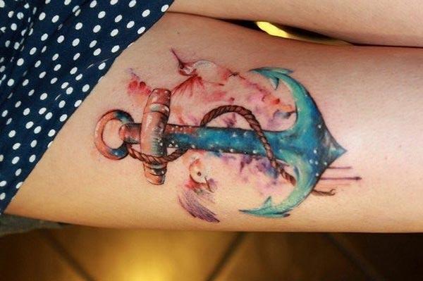 An awe-inspiring super cool anchor tattoo on thighs for ladies
