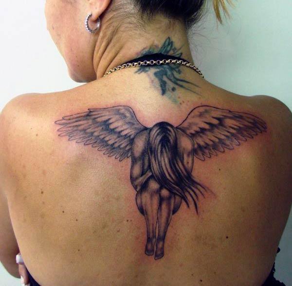 black angel tattoo designs on back for girls and ladies