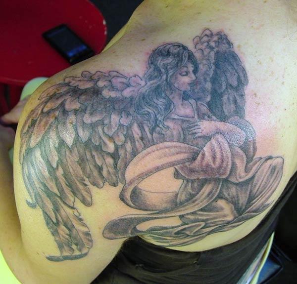 angel tattoo designs on back shoulder for ladies and girls