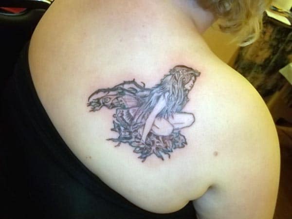 impressive medium sized angel tattoo designs on back shoulder for Women