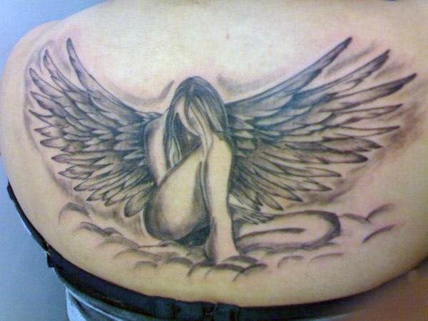 black and grey angel tattoo ideas on back for girls and women