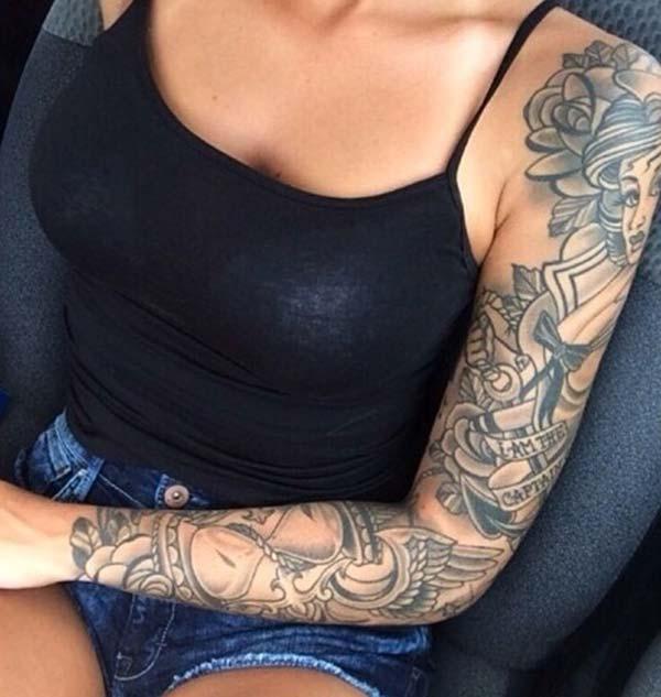 impressive combination of art tattoo ideas on full arm for ladies