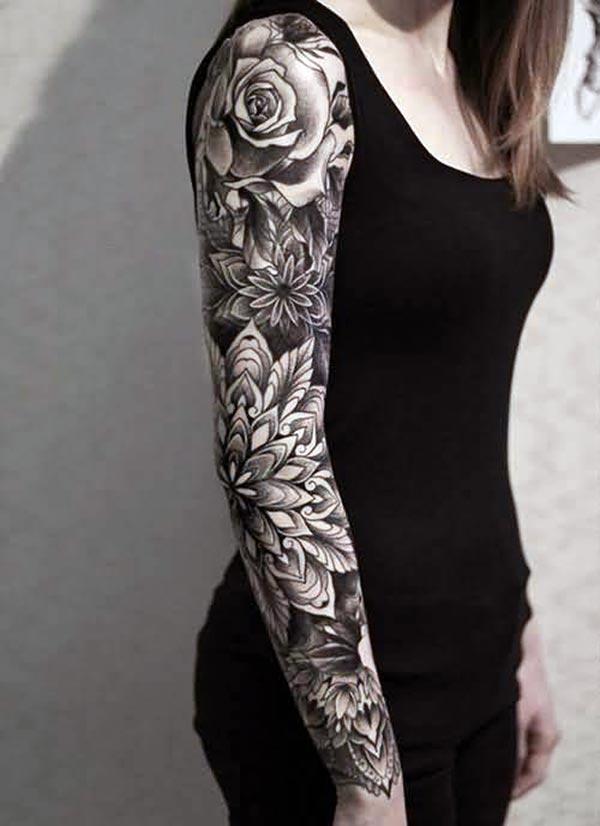 floral tattoo design on full arm for girls and ladies