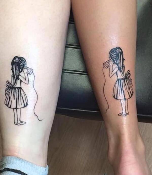 charming girl tattoo ideas on calf for best friends