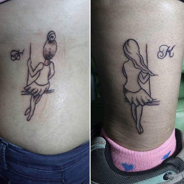charming best friend tattoo design on hip and calf for friends