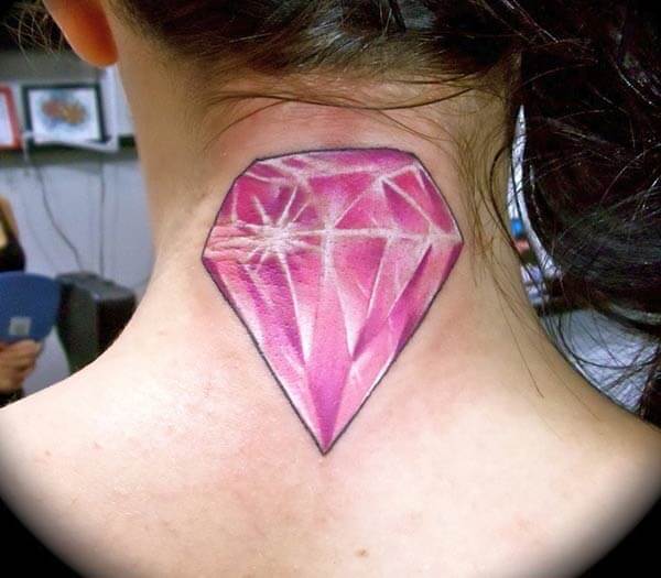 A glowing pink diamond tattoo on back neck for Girls and women