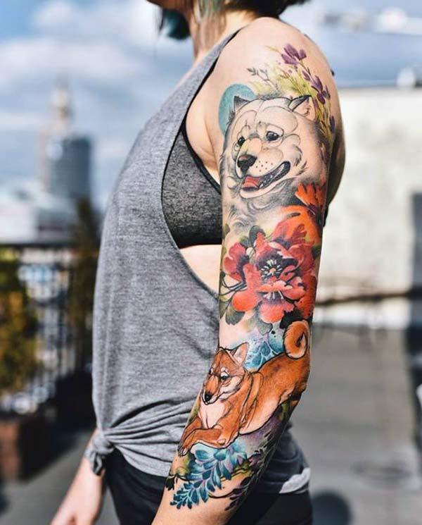 A jaw dropping dog tattoo design on full arm for Girls and ladies