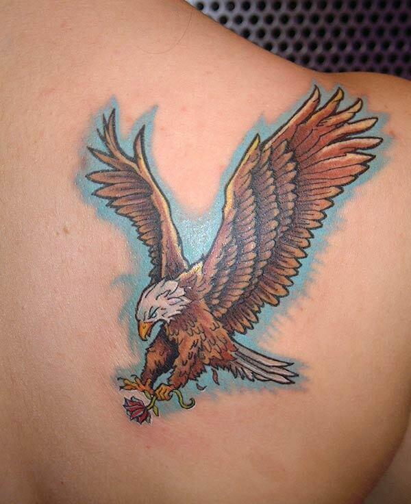 A creative eagle tattoo design on back shoulder for Girls