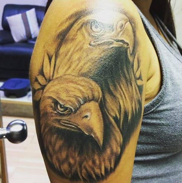 A mind blowing double eagle head tattoo design on shoulder for Ladies