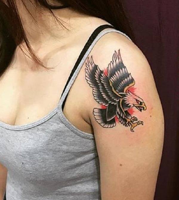 A fiery eagle tattoo design on shoulder for Women