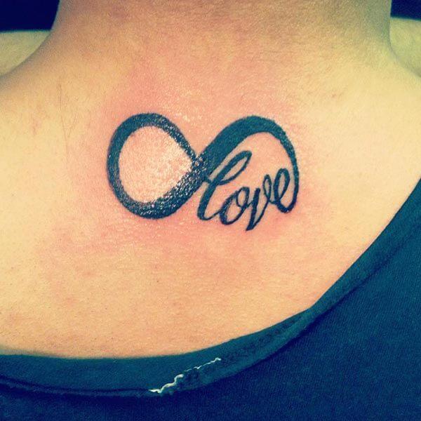 A bold infinity tattoo design on back neck for girls