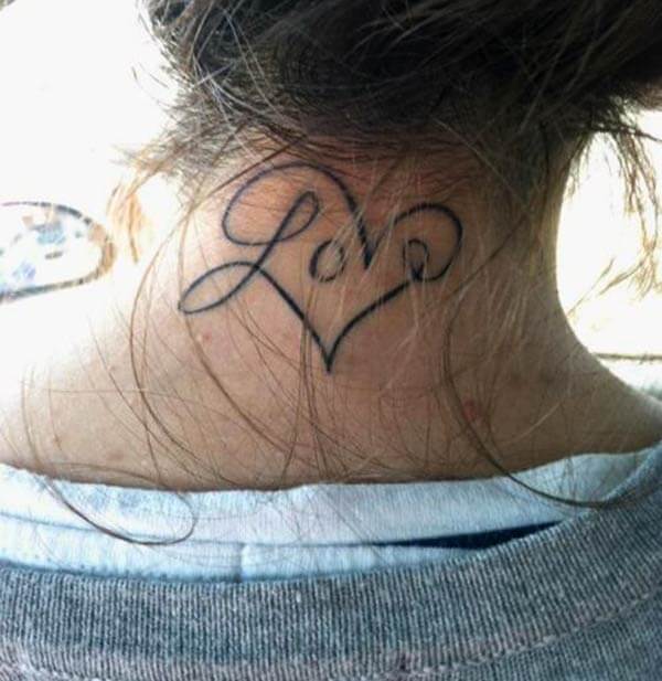 A simple love tattoo design on back neck for Women