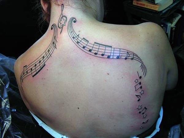 A creative music tattoo design on back for Ladies