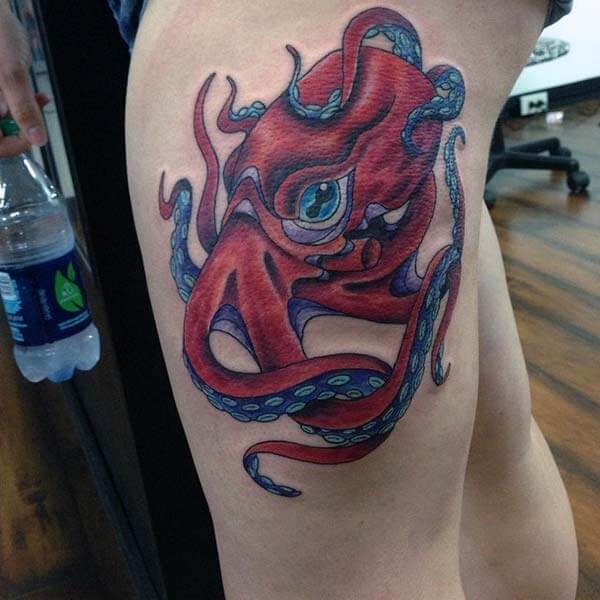 A notoriously cute octopus tattoo design on thigh for ladies and girls