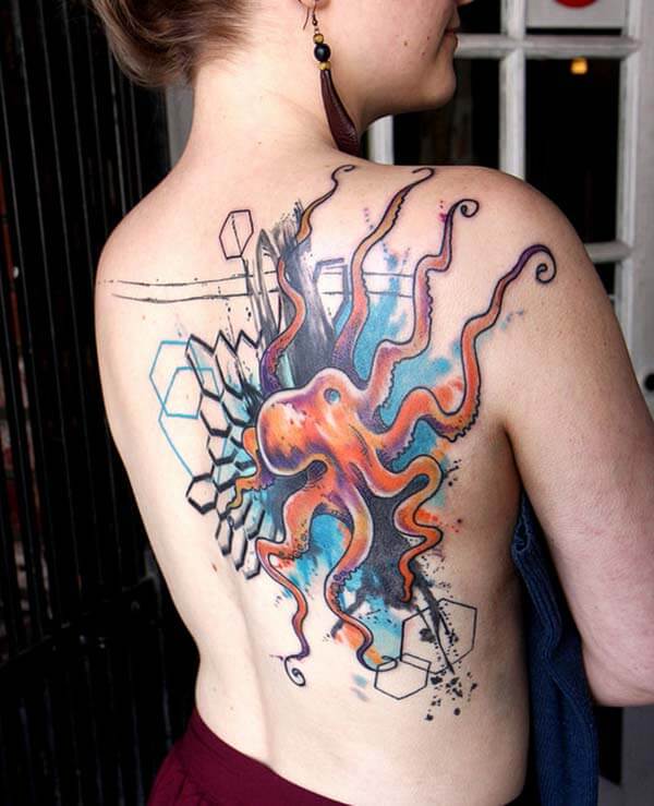 A fantastic octopus tattoo design on back shoulder for Women