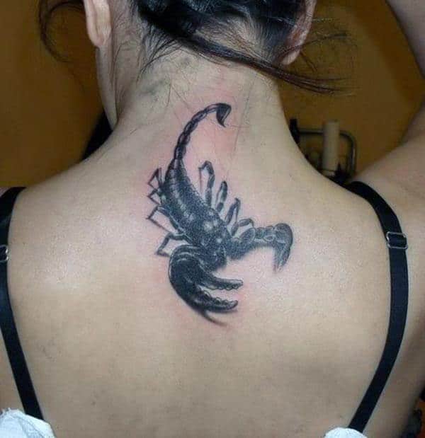A jaw dropping scorpion tattoo design on back neck for girls