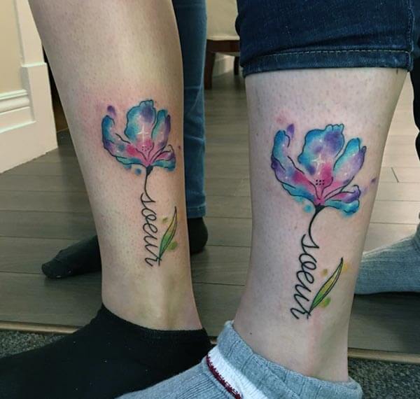 A delightful sister tattoo design on leg for women