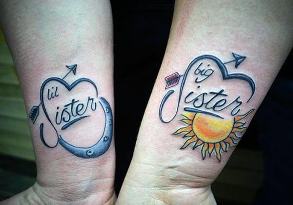 A creative sister tattoo design on wrist for Girls and women