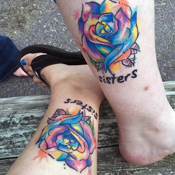 A vibrant sister tattoo design on ankle for women and girls