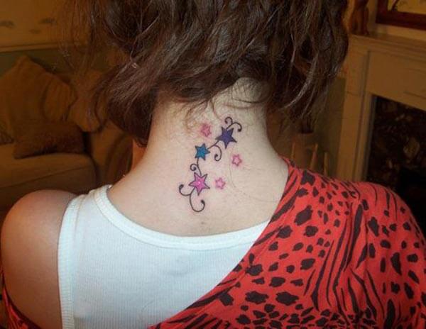 A catchy star tattoo design on back neck for Ladies