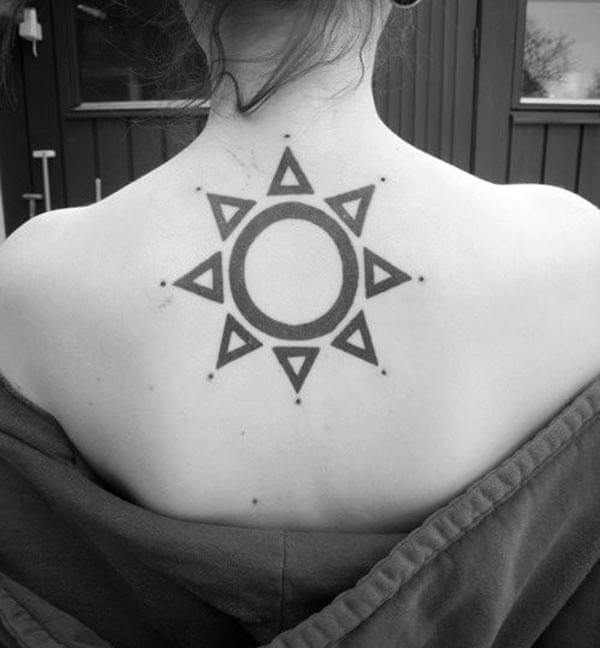 An eye-catchy sun tattoo design on back neck for ladies and girls