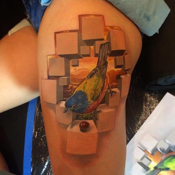 A mesmerizing 3D tattoo design on thigh for ladies