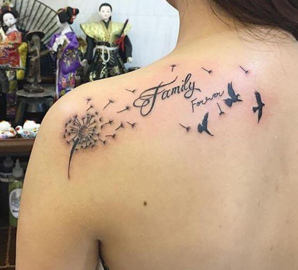 An appealing family tattoo design on side shoulder for girls and ladies