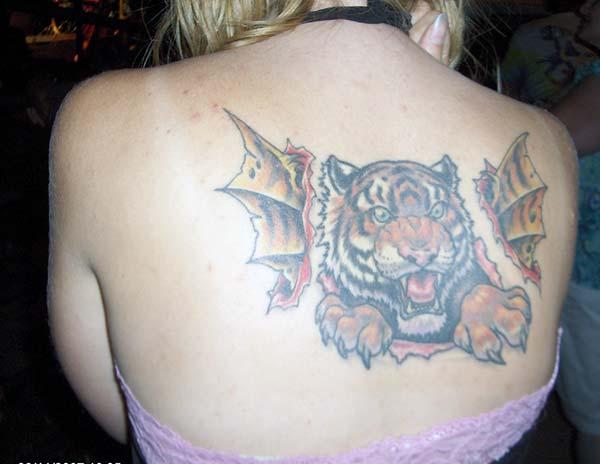 A cute and fierce tiger tattoo design on back for girls and women
