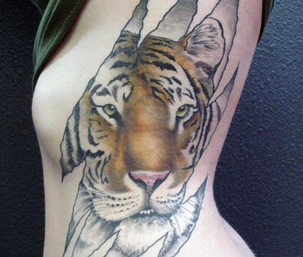 An intriguing tiger tattoo design on side belly for Ladies