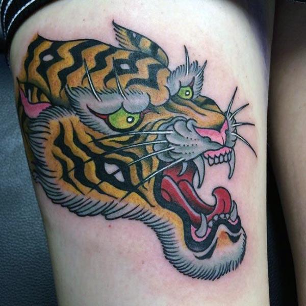 A fearsome tiger tattoo design on thigh for girls and ladies