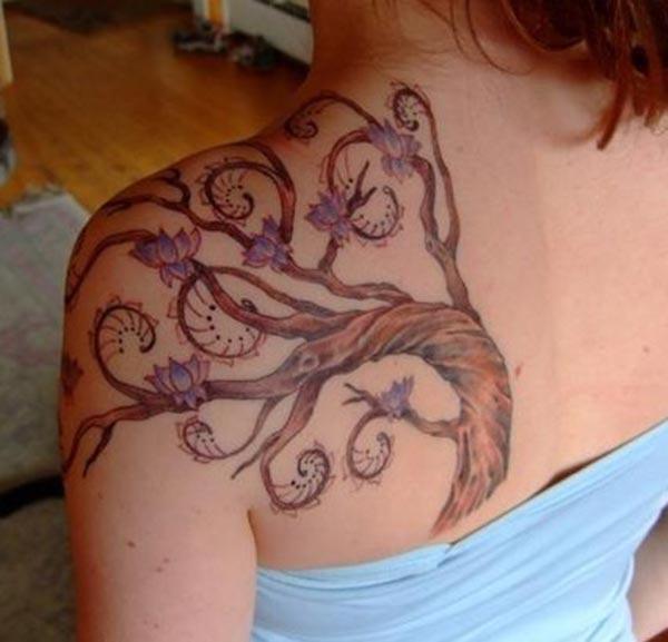 A beautiful tree tattoo design on back shoulder for girls and ladies