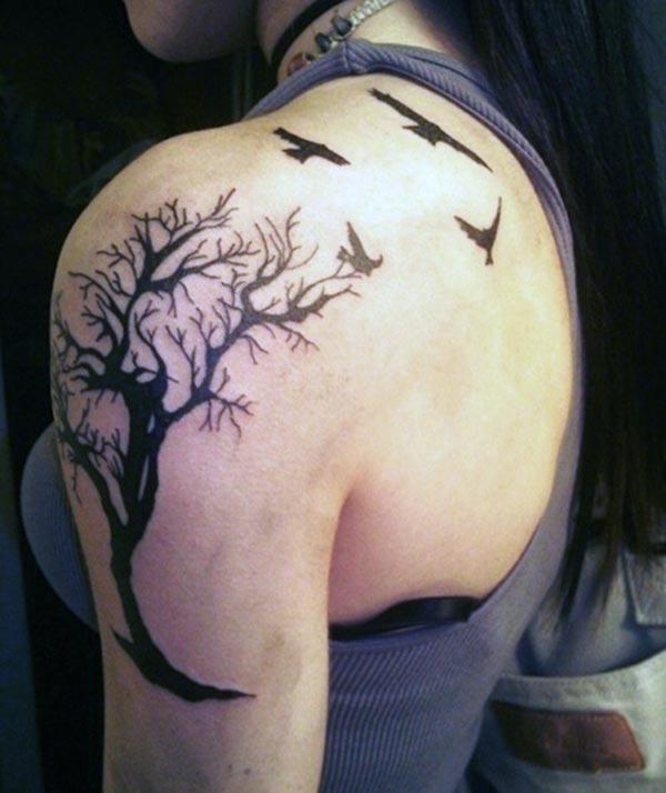 A heavenly tattoo of tree on shoulder for girls and women